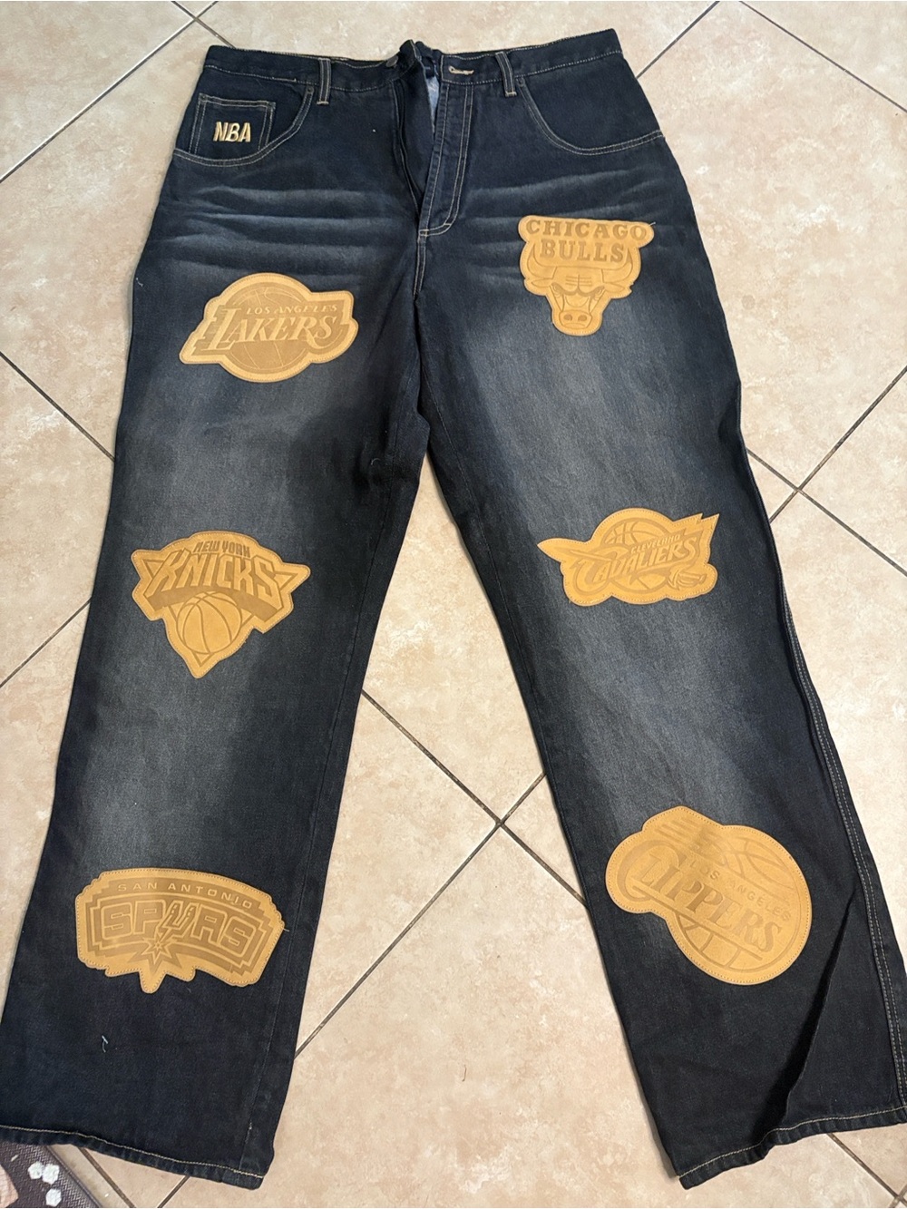 NBA Black Denim Jeans with Tan Stitching and Patch Accent *New never worn